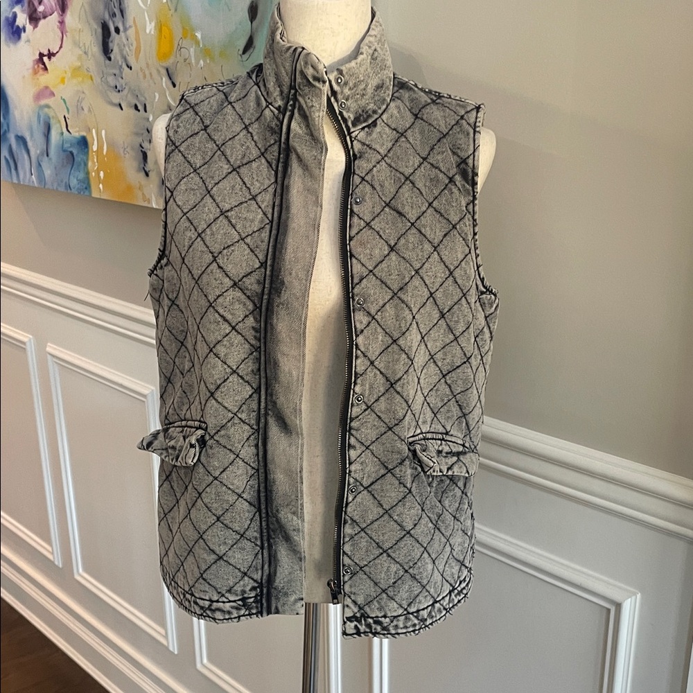 Gray Denim Quilted Vest- Sherpa Lined